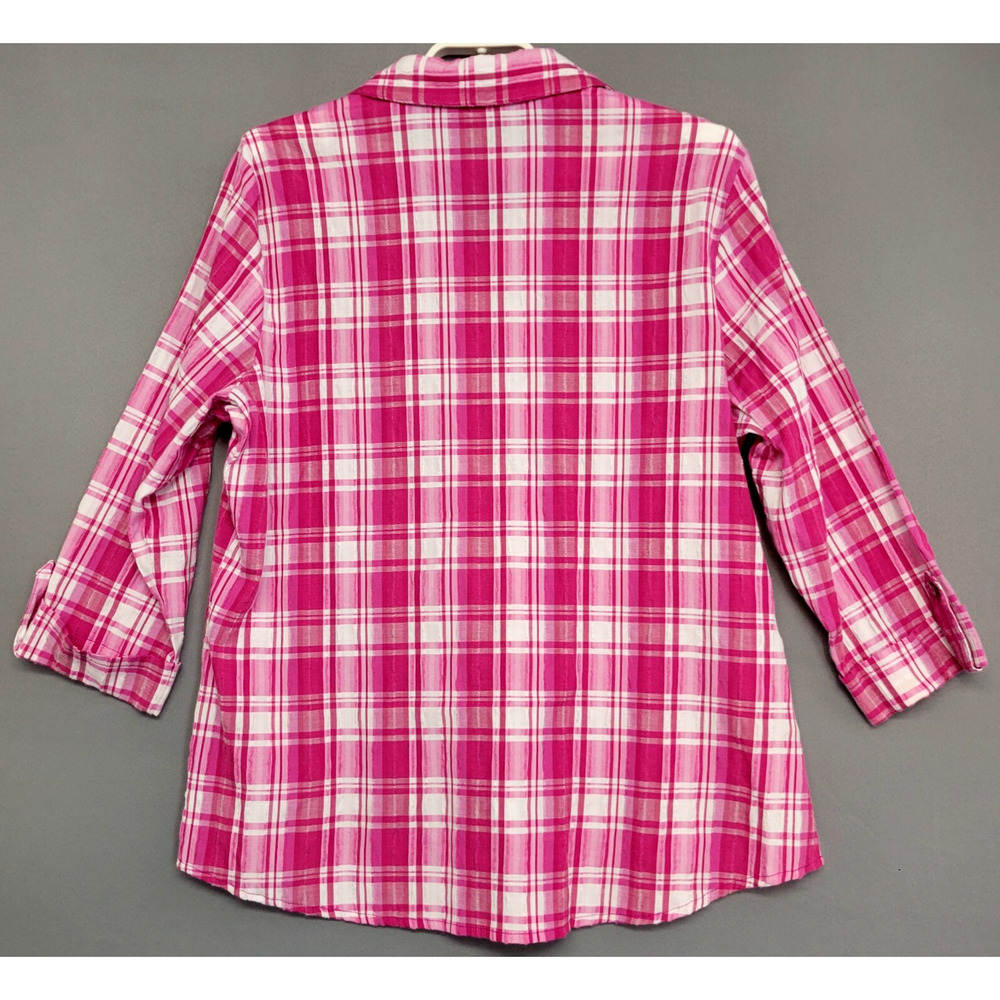 Alia Plaid Button Front Top Womens 16 Pink White Crinkle 3/4 Sleeves Casual - Picture 10 of 11